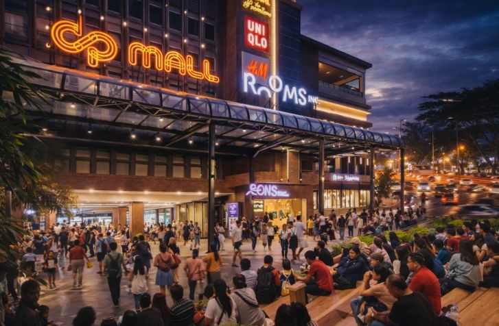 Keramaian pengunjung di DP Mall Semarang pada malam hari, menampilkan fasad gedung bercahaya di Jalan Pemuda dan aktivitas warga di area dalam mall.