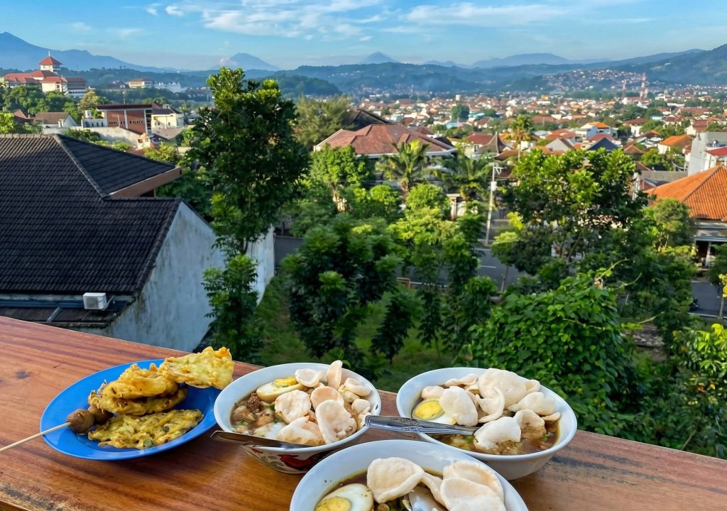 Tiga mangkuk bubur ayam lengkap dengan kerupuk, telur, dan suwiran ayam tersaji di atas meja kayu panjang, menghadap pemandangan Kota Semarang dari ketinggian di pagi hari. Latar belakang menunjukkan hamparan atap rumah, pepohonan hijau, dan siluet pegunungan di bawah langit biru berawan. Sepiring gorengan dan sate telur puyuh juga terlihat di samping mangkuk bubur.