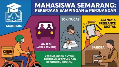 Ilustrasi infografis berwarna-warni dengan judul besar 'MAHASISWA SEMARANG: PEKERJAAN SAMPINGAN & PERJUANGAN'. Gambar terbagi menjadi beberapa panel yang menunjukkan keseimbangan antara 'AKADEMIK' (ikon topi toga dan buku) dan lima jenis pekerjaan sampingan: 'KURIR MAKANAN' (pengendara motor mengantar boks), 'ANJEM (ANTER JEMPUT)' (ikon mobil dengan penumpang), 'JOKI TUGAS' (orang tampak stres mengerjakan kertas), 'AGENCY & FREELANCE DIGITAL' (tangan memegang tablet desain), dan 'BARISTA' (orang menggunakan mesin kopi). Di bagian bawah terdapat teks 'KESEIMBANGAN ANTARA TUNTUTAN AKADEMIK DAN KEBUTUHAN EKONOMI'.