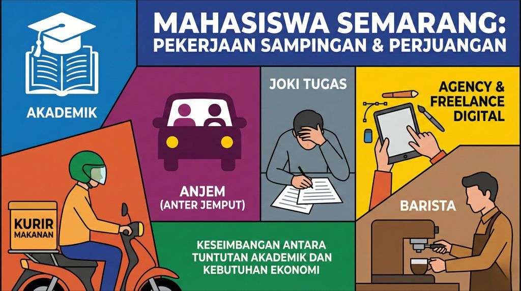 Ilustrasi infografis berwarna-warni dengan judul besar 'MAHASISWA SEMARANG: PEKERJAAN SAMPINGAN & PERJUANGAN'. Gambar terbagi menjadi beberapa panel yang menunjukkan keseimbangan antara 'AKADEMIK' (ikon topi toga dan buku) dan lima jenis pekerjaan sampingan: 'KURIR MAKANAN' (pengendara motor mengantar boks), 'ANJEM (ANTER JEMPUT)' (ikon mobil dengan penumpang), 'JOKI TUGAS' (orang tampak stres mengerjakan kertas), 'AGENCY & FREELANCE DIGITAL' (tangan memegang tablet desain), dan 'BARISTA' (orang menggunakan mesin kopi). Di bagian bawah terdapat teks 'KESEIMBANGAN ANTARA TUNTUTAN AKADEMIK DAN KEBUTUHAN EKONOMI'.