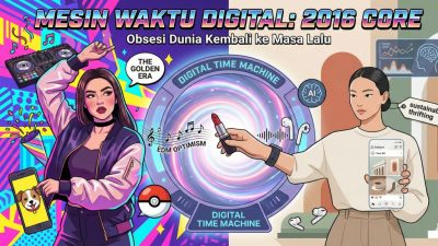 Ilustrasi digital berjudul "MESIN WAKTU DIGITAL: 2016 CORE" yang membagi layar menjadi dua era. Sisi kiri berlatar warna neon cerah, menampilkan wanita dengan riasan tebal ala 2016, jaket bomber, dan ikon seperti alat DJ, bola Pokémon, serta filter Snapchat anjing. Teks "THE GOLDEN ERA" dan "EDM OPTIMISM" terlihat. Sisi kanan berlatar warna krem kalem, menampilkan wanita bergaya minimalis 2026 dengan rambut klimis, memegang ponsel dengan feed yang terkurasi rapi, dan ikon terkait AI serta "sustainable thrifting". Sebuah portal pusaran di tengah menghubungkan keduanya, di mana tangan dari sisi 2026 menjangkau untuk mengambil lipstik matte dari sisi 2016.