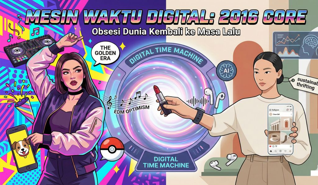 Ilustrasi digital berjudul "MESIN WAKTU DIGITAL: 2016 CORE" yang membagi layar menjadi dua era. Sisi kiri berlatar warna neon cerah, menampilkan wanita dengan riasan tebal ala 2016, jaket bomber, dan ikon seperti alat DJ, bola Pokémon, serta filter Snapchat anjing. Teks "THE GOLDEN ERA" dan "EDM OPTIMISM" terlihat. Sisi kanan berlatar warna krem kalem, menampilkan wanita bergaya minimalis 2026 dengan rambut klimis, memegang ponsel dengan feed yang terkurasi rapi, dan ikon terkait AI serta "sustainable thrifting". Sebuah portal pusaran di tengah menghubungkan keduanya, di mana tangan dari sisi 2026 menjangkau untuk mengambil lipstik matte dari sisi 2016.