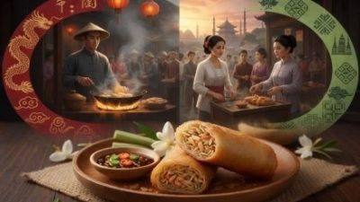 lustrasi landscape yang membagi dua suasana: seorang pria Tionghoa memasak di kuali dan seorang wanita Jawa melayani pembeli, dengan fokus utama dua potong Lumpia Semarang goreng renyah di atas piring kayu di latar depan.