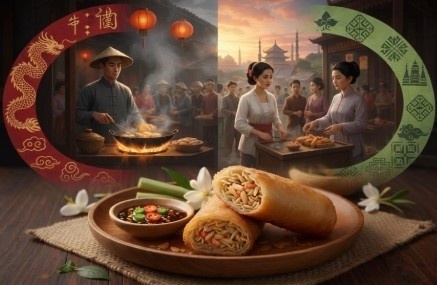 lustrasi landscape yang membagi dua suasana: seorang pria Tionghoa memasak di kuali dan seorang wanita Jawa melayani pembeli, dengan fokus utama dua potong Lumpia Semarang goreng renyah di atas piring kayu di latar depan.