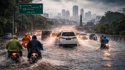 Kendaraan menerjang banjir di jalan raya Kaligawe Semarang saat cuaca ekstrem.