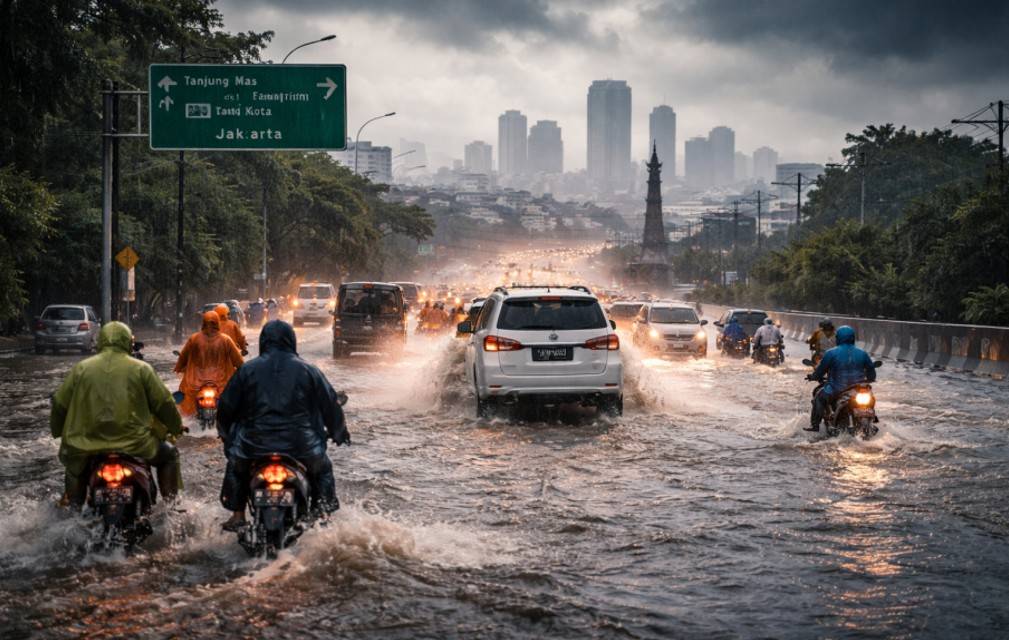 Kendaraan menerjang banjir di jalan raya Kaligawe Semarang saat cuaca ekstrem.