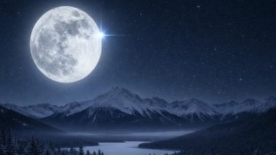 Pemandangan fenomena Snow Moon dan Nisfu Syaban 2026, terlihat bulan purnama bersanding dekat dengan bintang biru terang Regulus di langit malam.