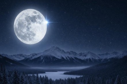 Pemandangan fenomena Snow Moon dan Nisfu Syaban 2026, terlihat bulan purnama bersanding dekat dengan bintang biru terang Regulus di langit malam.