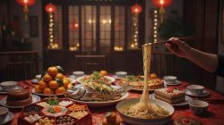Sajian lengkap makanan khas Imlek dan maknanya di atas meja perjamuan, menampilkan Ikan Bandeng, Kue Keranjang, dan Yee Sang.