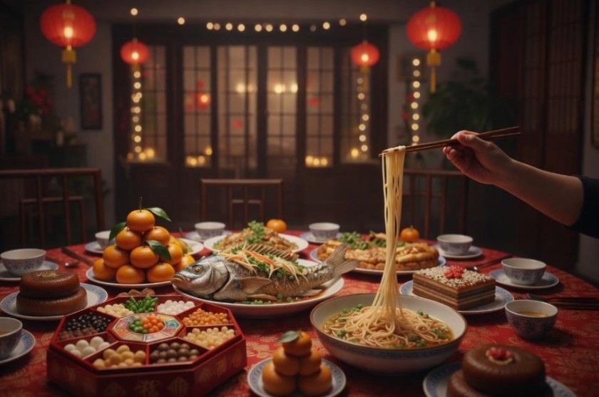 Sajian lengkap makanan khas Imlek dan maknanya di atas meja perjamuan, menampilkan Ikan Bandeng, Kue Keranjang, dan Yee Sang.