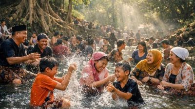 Masyarakat melakukan tradisi padusan di sumber mata air alami untuk menyucikan diri jelang Ramadan.