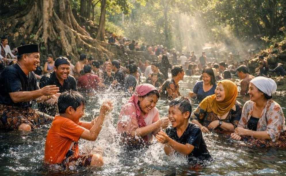 Masyarakat melakukan tradisi padusan di sumber mata air alami untuk menyucikan diri jelang Ramadan.