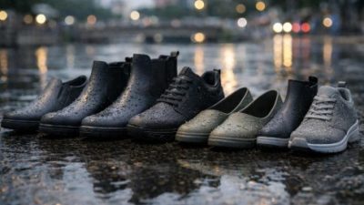 Ilustrasi sepatu anti air pria dan wanita dengan berbagai model diletakkan berdampingan di atas aspal basah yang memantulkan cahaya lampu kota, menampilkan efek water beads sebagai penanda material waterproof di suasana urban Semarang saat musim hujan.