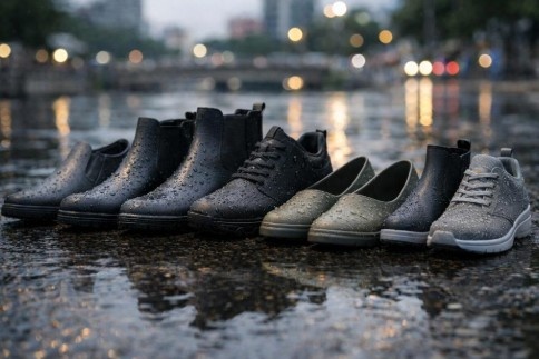 Ilustrasi sepatu anti air pria dan wanita dengan berbagai model diletakkan berdampingan di atas aspal basah yang memantulkan cahaya lampu kota, menampilkan efek water beads sebagai penanda material waterproof di suasana urban Semarang saat musim hujan.