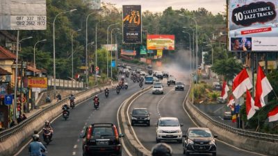 Pengendara motor melewati Tanjakan Gombel Semarang yang berkabut dan ekstrem pada malam hari.
