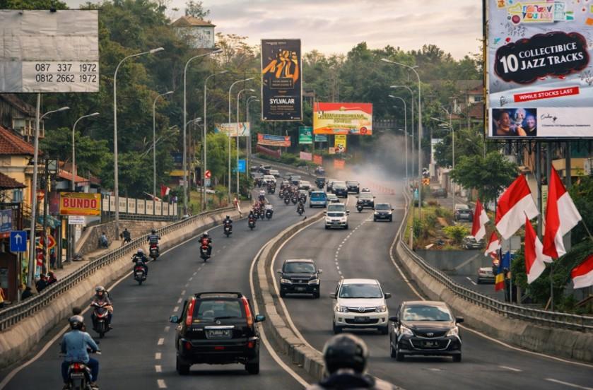 Pengendara motor melewati Tanjakan Gombel Semarang yang berkabut dan ekstrem pada malam hari.