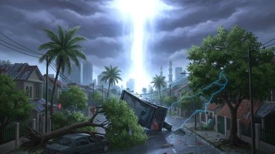 Ilustrasi pembentukan fenomena downburst dari awan cumulonimbus di langit Semarang.