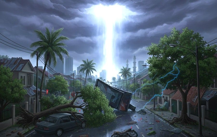 Ilustrasi pembentukan fenomena downburst dari awan cumulonimbus di langit Semarang.
