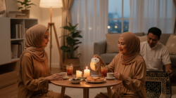 Suasana buka puasa intim di rumah dengan dekorasi estetik dan cahaya hangat selama Ramadan 2026 di Semarang.