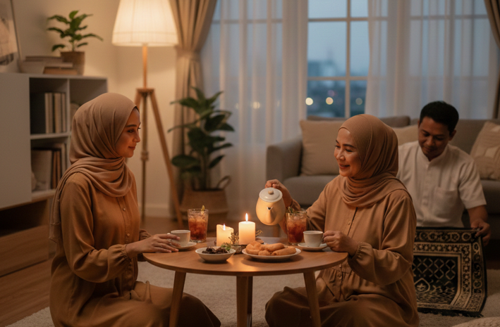 Suasana buka puasa intim di rumah dengan dekorasi estetik dan cahaya hangat selama Ramadan 2026 di Semarang.