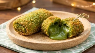 Potongan Risol Matcha lumer dengan isian green tea yang meleleh dan kulit krispi.