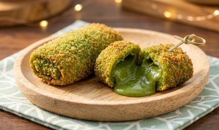 Potongan Risol Matcha lumer dengan isian green tea yang meleleh dan kulit krispi.