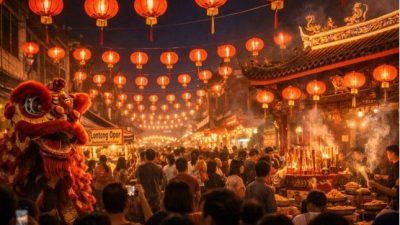 Suasana ribuan lampion merah di Klenteng Tay Kak Sie saat Kilas Balik Cap Go Meh Semarang 2026.