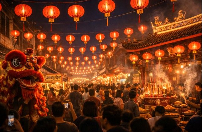 Suasana ribuan lampion merah di Klenteng Tay Kak Sie saat Kilas Balik Cap Go Meh Semarang 2026.