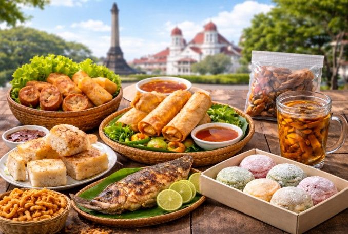 Deretan oleh-oleh khas Semarang seperti lumpia, wingko babat, dan bandeng presto di etalase toko.