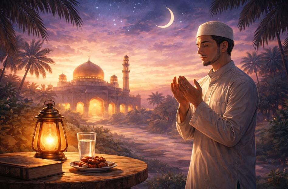 Ilustrasi rukun puasa ramadan dan niat puasa sebulan penuh sesuai syariat.