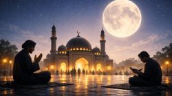 Ilustrasi umat Muslim sedang berdoa dan iktikaf di masjid saat malam Lailatul Qadar sepuluh hari terakhir Ramadan.