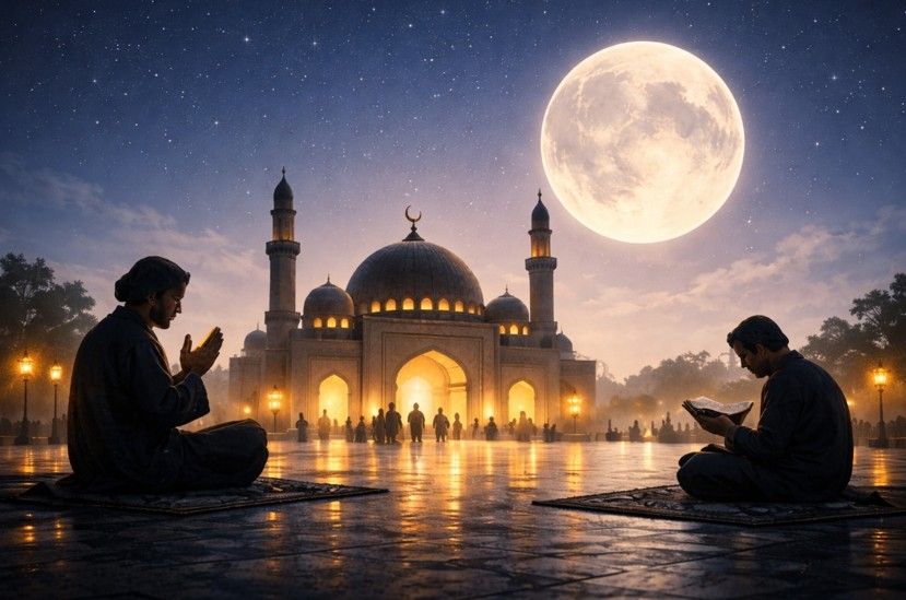 Ilustrasi umat Muslim sedang berdoa dan iktikaf di masjid saat malam Lailatul Qadar sepuluh hari terakhir Ramadan.