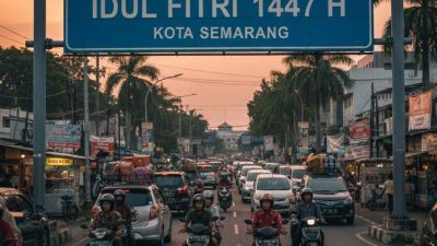 Wisatawan menikmati suasana 3D Projection Mapping di Museum Kota Lama Semarang Lebaran 2026.
