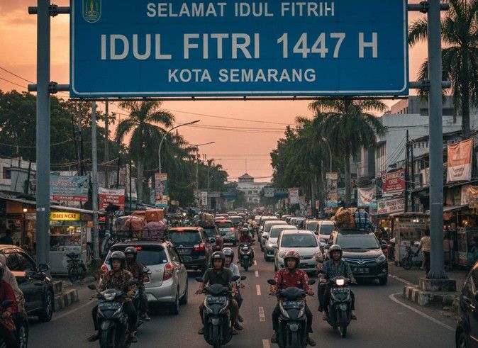 Wisatawan menikmati suasana 3D Projection Mapping di Museum Kota Lama Semarang Lebaran 2026.