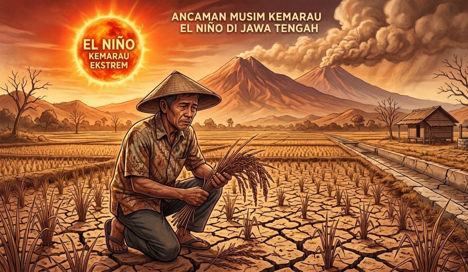 Kondisi lahan sawah yang retak dan mengering di Jawa Tengah akibat ancaman kemarau panjang.