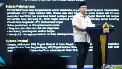 Wakil Gubernur Jawa Tengah Taj Yasin Maimoen menyampaikan sambutan dari balik podium di Rapat Koordinasi Daerah LPTQ Provinsi Jawa Tengah Tahun 2026.