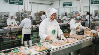 Ilustrasi digital modern yang menggambarkan ekosistem industri halal global. Menampilkan logo "Halal" hijau besar yang bersinar sebagai pusat, dikelilingi oleh ikon-ikon sektor pendukung seperti pabrik bersertifikasi, logistik rantai pasok global, produk makanan dan kosmetik, serta tenaga kerja profesional yang beragam dengan latar belakang peta dunia. Gaya seni bersih dengan palet warna hijau dan biru.
