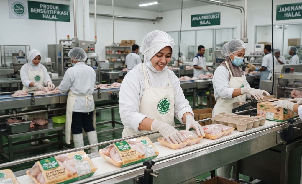 Ilustrasi digital modern yang menggambarkan ekosistem industri halal global. Menampilkan logo "Halal" hijau besar yang bersinar sebagai pusat, dikelilingi oleh ikon-ikon sektor pendukung seperti pabrik bersertifikasi, logistik rantai pasok global, produk makanan dan kosmetik, serta tenaga kerja profesional yang beragam dengan latar belakang peta dunia. Gaya seni bersih dengan palet warna hijau dan biru.