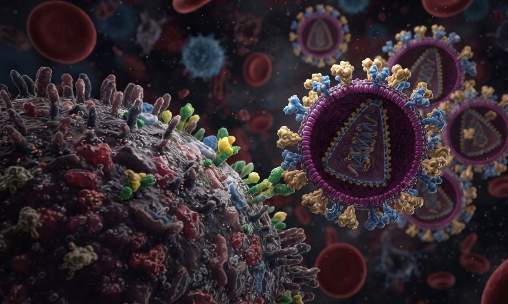 Ilustrasi mikroskopis yang menunjukkan struktur virus Human Immunodeficiency Virus (HIV) berbentuk bulat dengan tonjolan permukaan (spike), menempel pada membran sel inang.