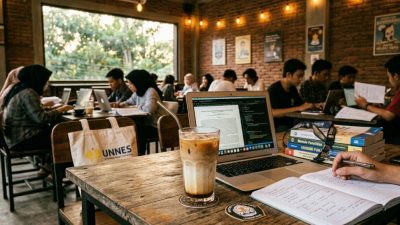 Suasana mahasiswa mengerjakan tugas di kedai kopi sekitar kampus Undip dan Unnes Semarang.