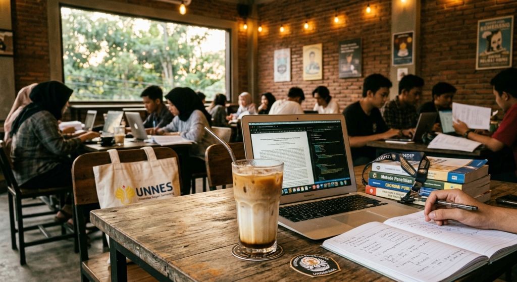 Suasana mahasiswa mengerjakan tugas di kedai kopi sekitar kampus Undip dan Unnes Semarang.