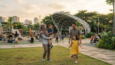 Keluarga ceria menghabiskan libur akhir pekan di taman kota Semarang yang hijau.