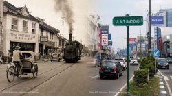 Suasana lalu lintas dan bangunan pertokoan di Jalan M.T. Haryono atau Jalan Mataram, Kota Semarang.