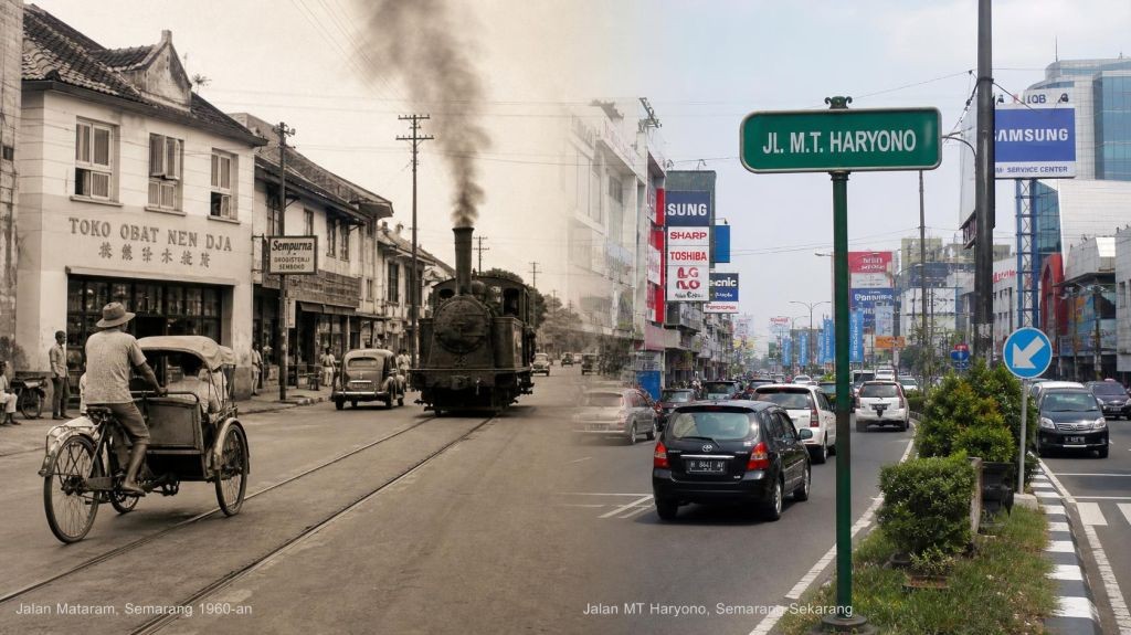 Suasana lalu lintas dan bangunan pertokoan di Jalan M.T. Haryono atau Jalan Mataram, Kota Semarang.
